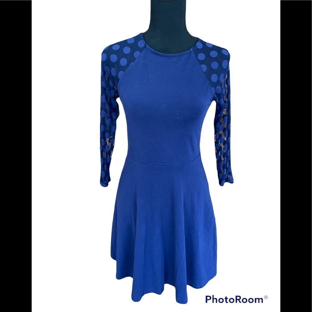 Express blue skater style dress with polka dot semi sheer sleeves, size S